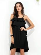 Choies Black Ruffle Detail Spaghetti Strap Dipped Hem Dress