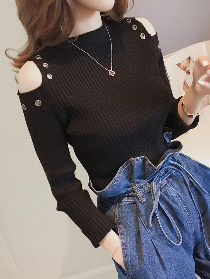 Choies Black Cold Shoulder Eyelet Detail Rib Knit Sweater