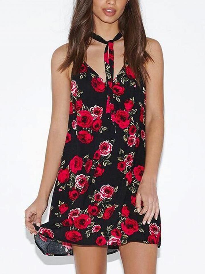 Choies Polychrome V-neck Halter Floral Racer Back Mini Dress