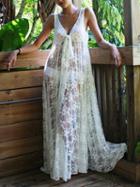 Choies White V-neck Tie Front Sleeveless Chic Women Lace Maxi Dress