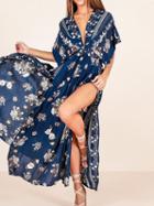 Choies Navy Blue Plunge Floral Print Thigh Split Side Maxi Dress