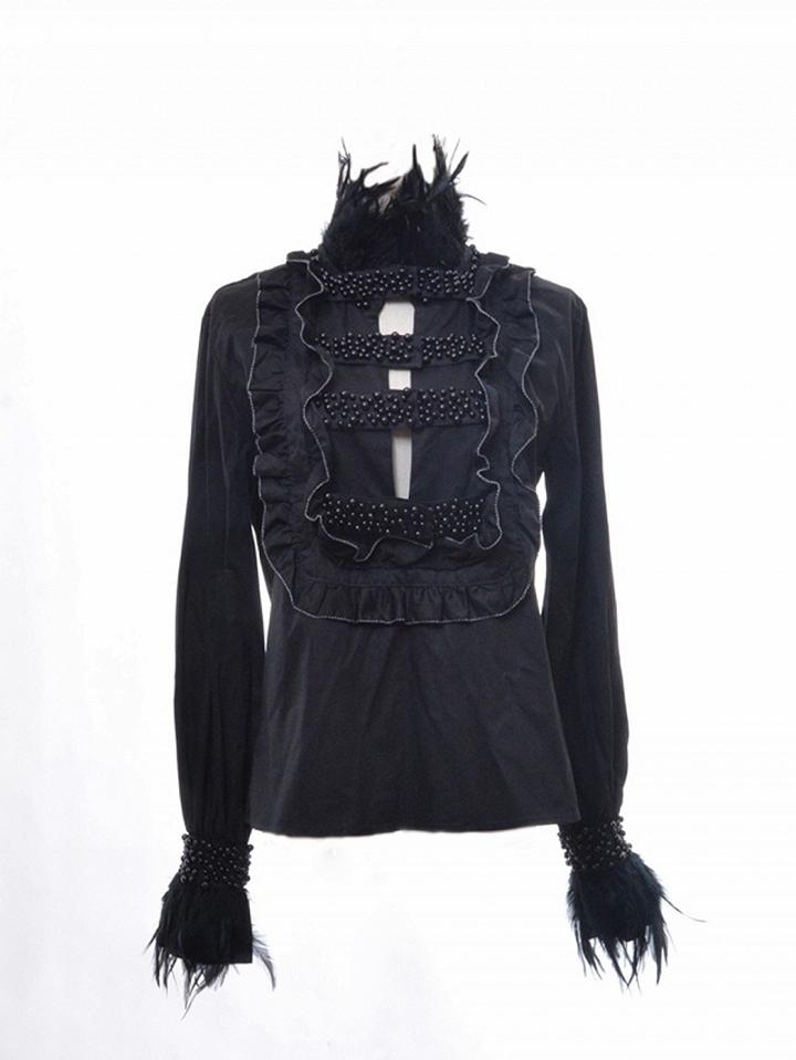Choies Black Beaded Ruffle Detail Feather Embellished Long Sleeve Shirt