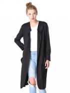 Choies Black Faux Suede Open Front Long Sleeve Trench Coat