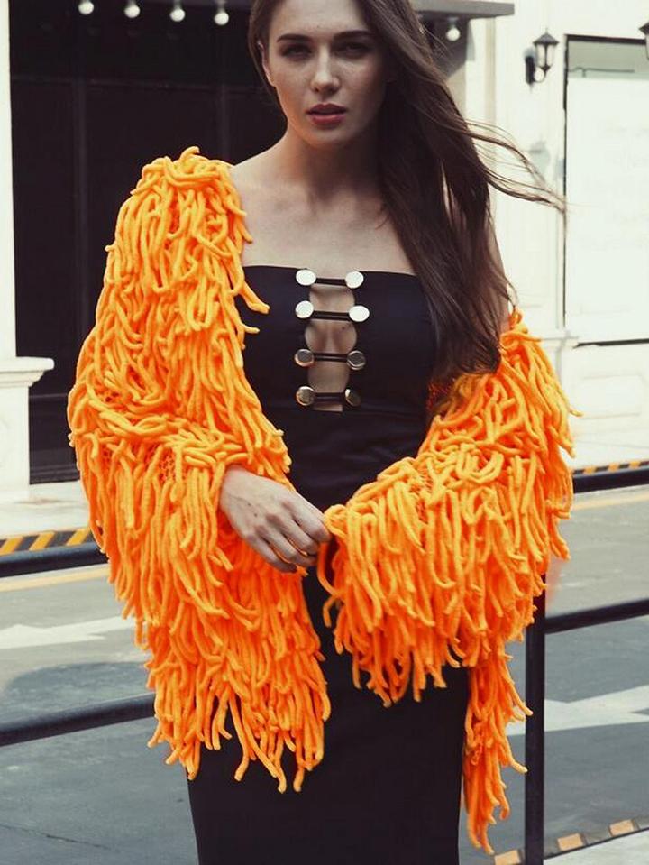 Choies Orange Tassel Open Front Faux Fur Coat