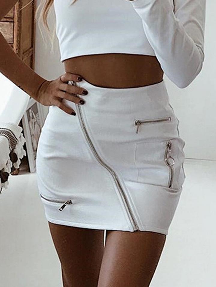 Choies White Leather Look Circle Zip Front High Waist Chic Women Pencil Skirt