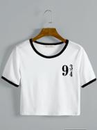 Choies White Cotton Crew Neck Number Print Chic Women Crop T-shirt
