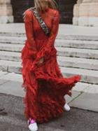 Choies Red Chiffon Polka Dot Print Ruffle Trim Long Sleeve Maxi Dress