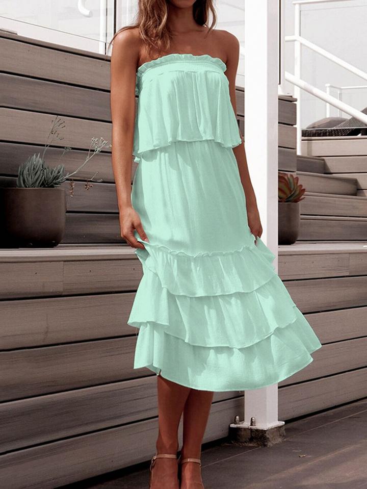 Choies Light Green Bandeau Layered Ruffle Hem Women Midi Dress