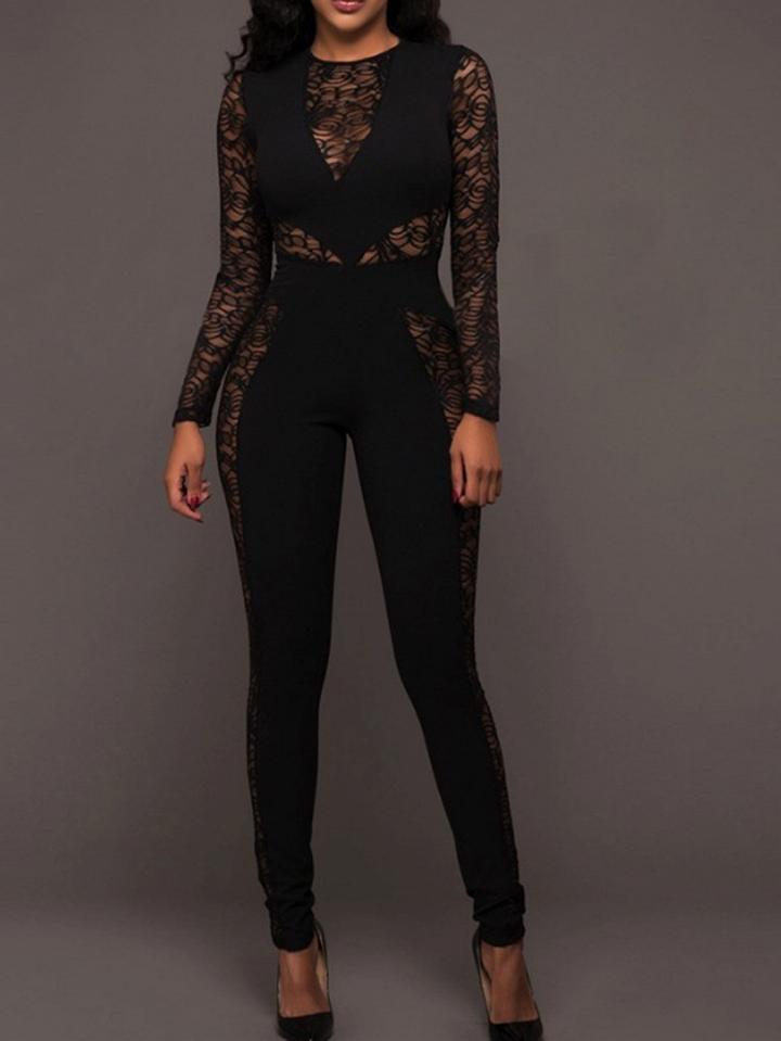 Choies Black Lace Panel Long Sleeve Jumpsuit