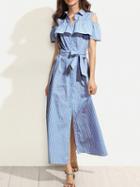 Choies Blue Stripe Cold Shoulder Ruffle Button Front Tie Belt Dress