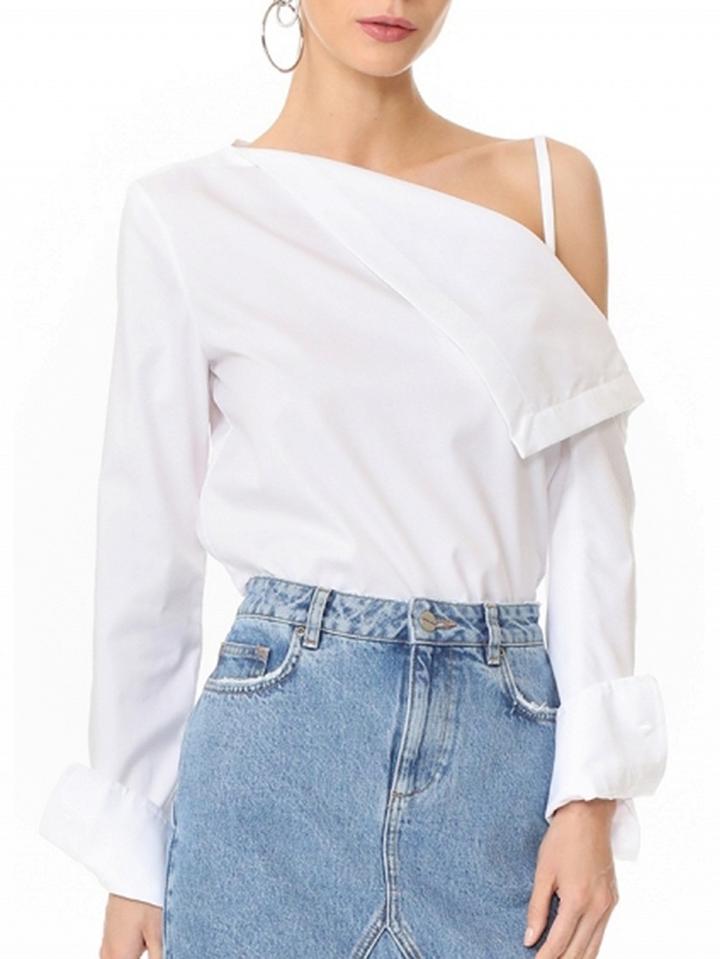 Choies White Foldover One Shoulder Long Sleeve Blouse