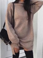 Choies Brown Cotton Blend High Neck Long Sleeve Women Mini Dress