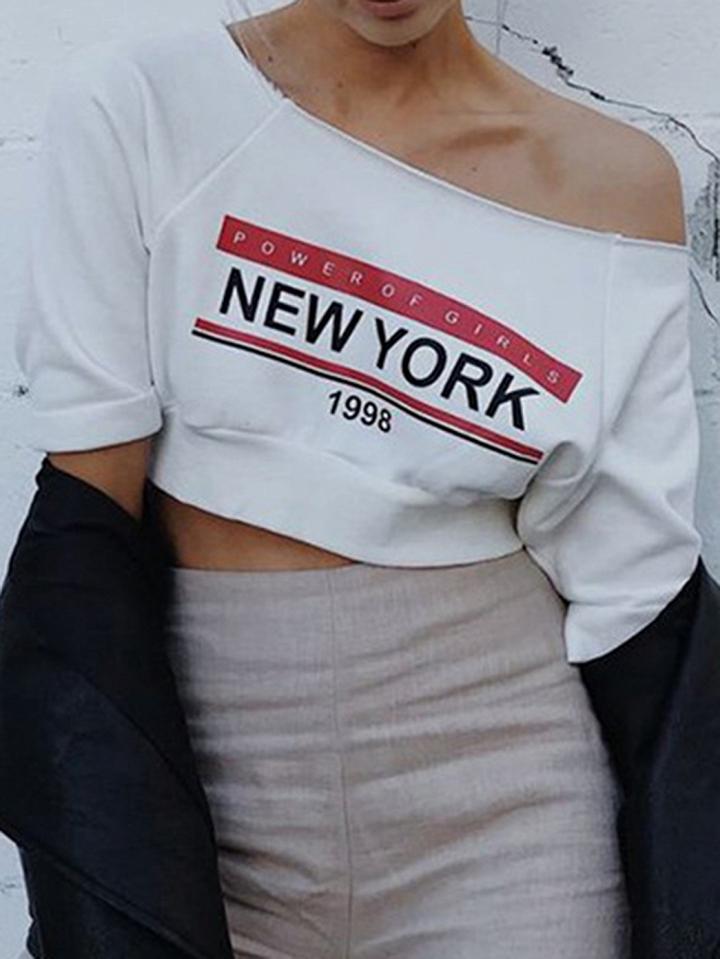 Choies White Cotton Off Shoulder Letter Print Chic Women Crop T-shirt