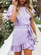 Choies Purple Cotton Tie Waist Ruffle Trim Chic Women Mini Dress