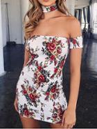 Choies White Choker Off Shoulder Floral Print Bodycon Dress