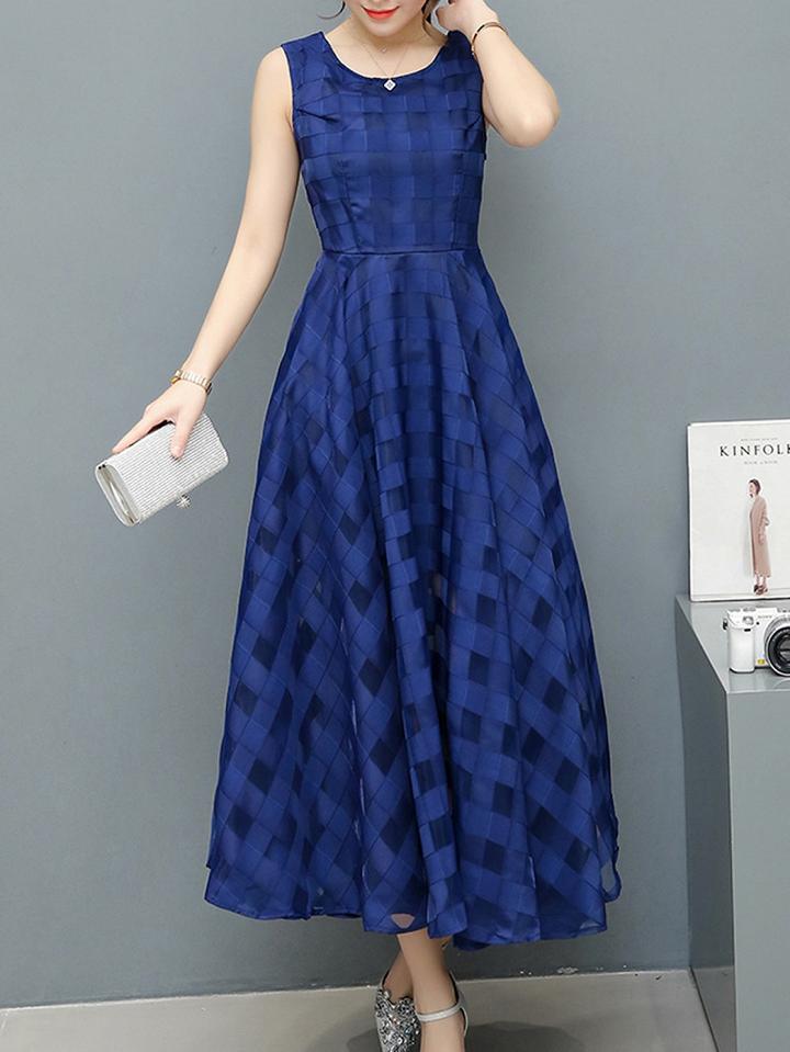 Choies Blue Sheer Plaid Sleeveless Organza Beach Maxi Dress