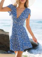 Choies Blue Plunge Floral Print Drawstring Waist Back Chic Women Mini Dress