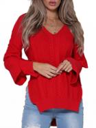 Choies Red V-neck Layered Flare Sleeve Chic Women Knit Sweater