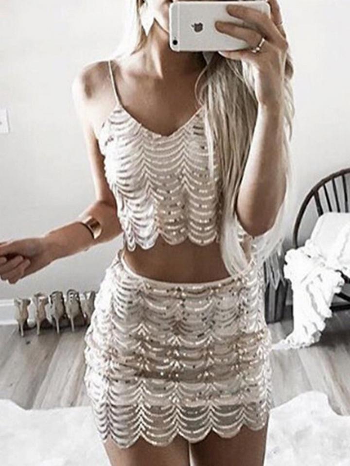 Choies Gold Spaghetti Strap Sequin Detail Crop Top And Mini Skirt