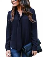 Choies Navy Blue V-neck Tie Front Long Sleeve Blouse