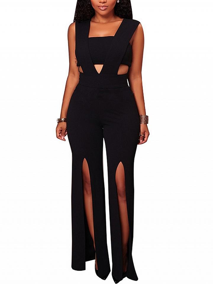 Choies Black Thigh Split Front Zip Back Jumpsuit