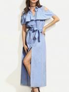 Choies Blue Stripe Cold Shoulder Tie Waist Ruffle Trim Maxi Dress
