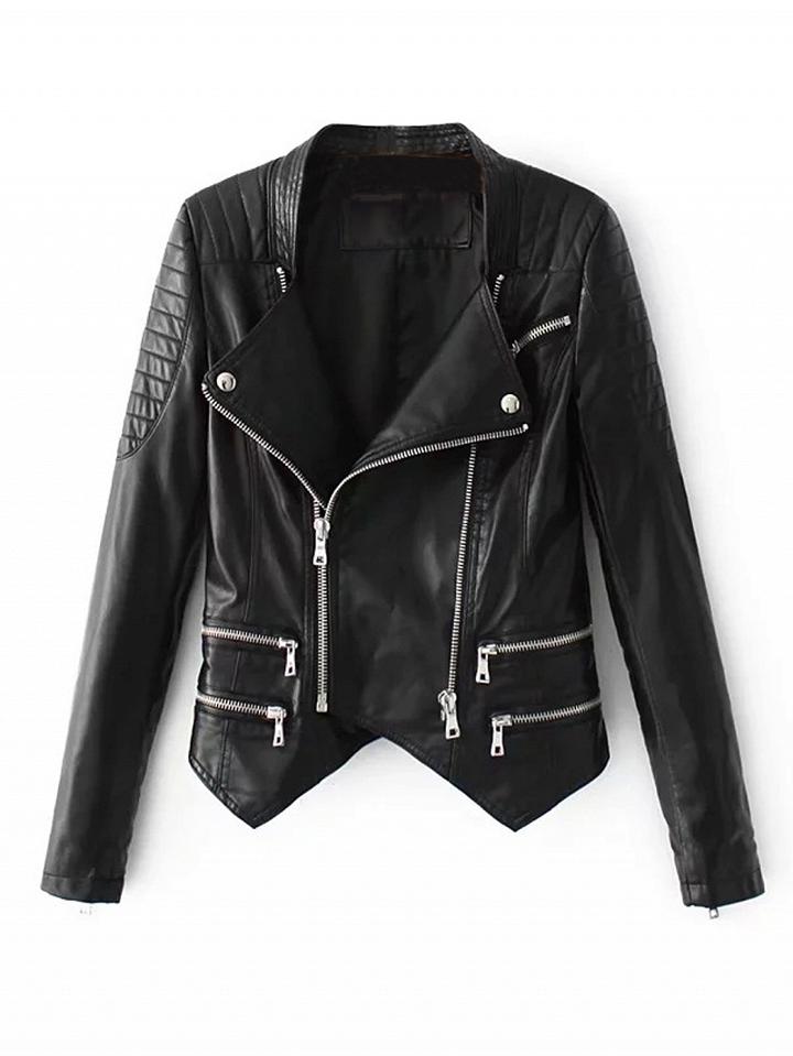 Choies Black Lapel Zip Front Long Sleeve Leather Look Jacket