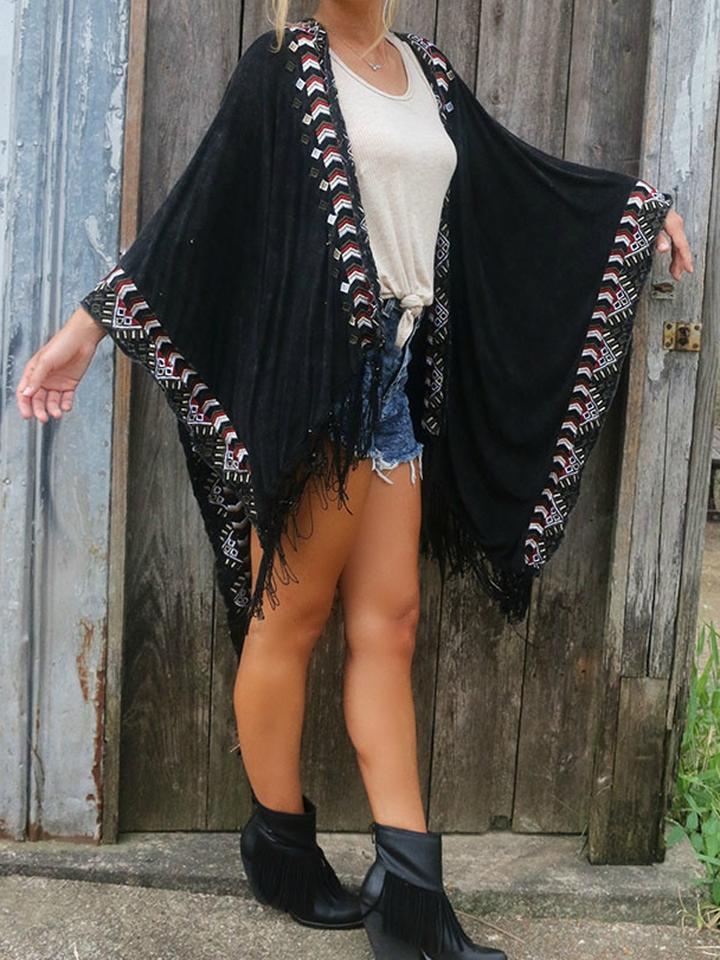 Choies Black Suedette Embbroidery Trims Tasseled Cape
