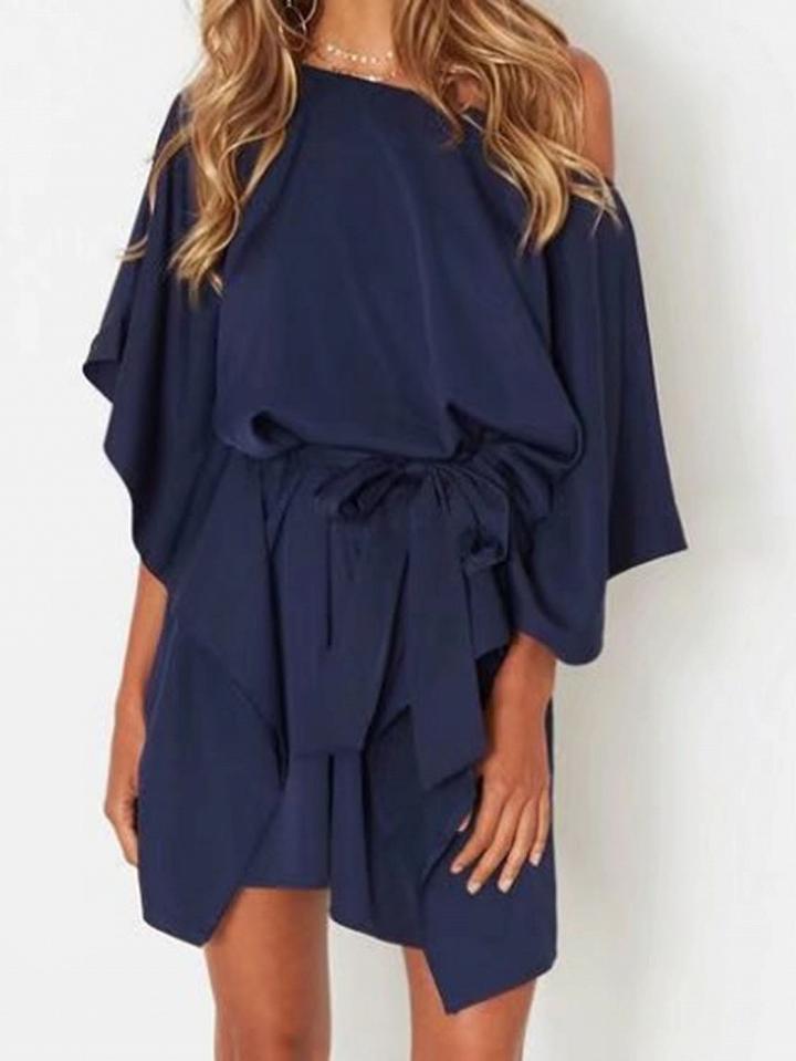 Choies Navy Blue One Shoulder Cape Sleeve Tie Waist Dress