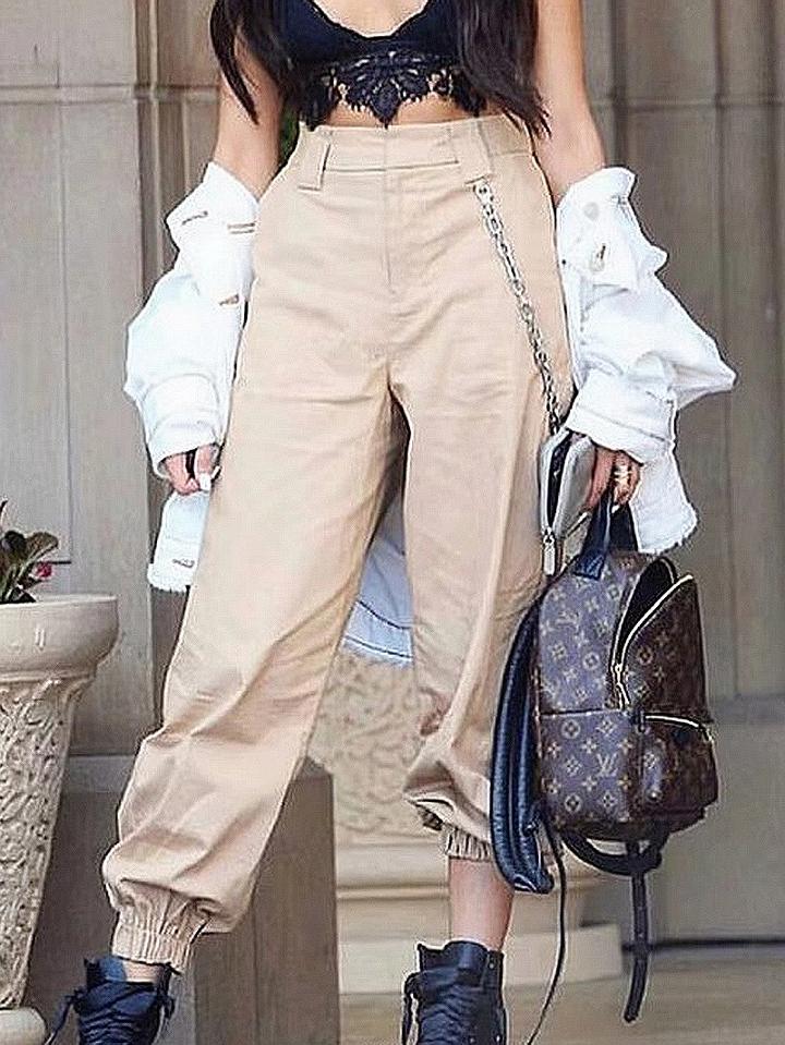 Choies Khaki High Waist Chain Detail Pants