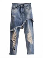 Choies Blue Washed Ripped Distressed Crop Jeans With Asymmetric Mini