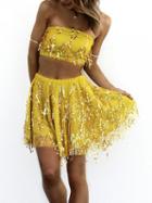 Choies Yellow Sequin Mesh Tie Back Crop Bandeau Top Ad Skater Skirt