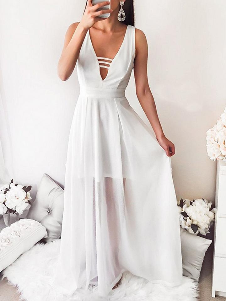 Choies White Chiffon V-neck Sleeveless Chic Women Maxi Dress