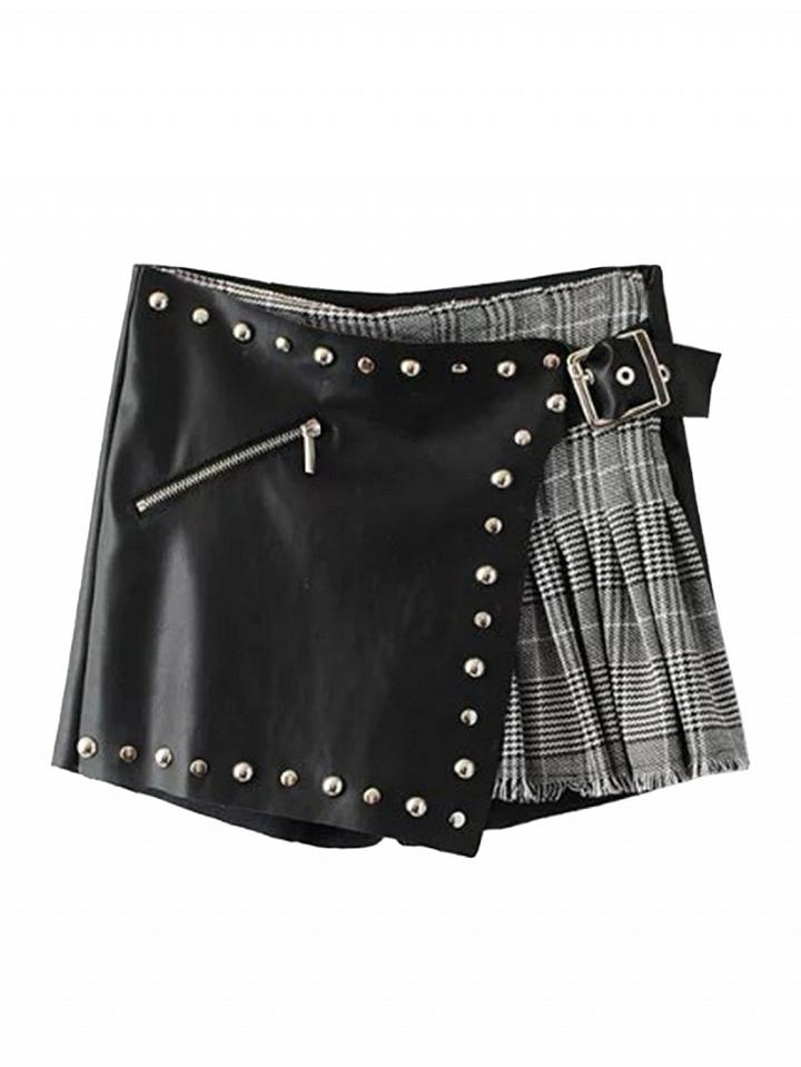 Choies Black High Waist Houndstooth Stud Asymmetry Culotte Shorts