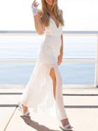 Choies White Plunge Tie Waist Thigh Split Side Open Back Maxi Dress