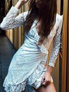 Choies White V-neck Ruffle Trim Tie Side Wrap Lace Dress