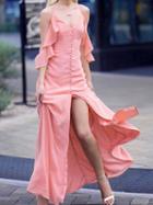 Choies Pink V-neck Ruffle Trim Button Placket Front Cami Maxi Dress