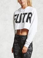 Choies White Letter Print Drawstring Cropped Hoodie