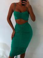 Choies Green Ruched Detail Crop Cami Top And High Waist Skirt