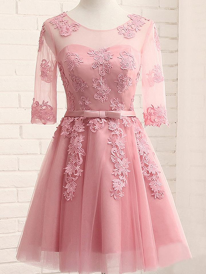 Choies Pink Sheer Mesh Embroidery Lace Up Back Tulle Homecoming Dress