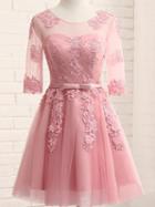 Choies Pink Sheer Mesh Embroidery Lace Up Back Tulle Homecoming Dress