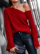 Choies Red Asymmetric Neck Flare Sleeve Women Sweater