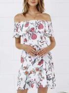 Choies White Off Shoulder Floral Print Ruffle Trim Tie Waist Mini Dress