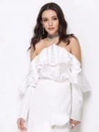 Choies White Halter Cold Shoulder Layer Ruffle Long Sleeve Blouse