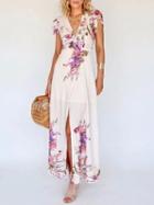 Choies Pink Plunge Print Detail Thigh Split Maxi Dress