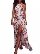 Choies White Floral Print Cut Out Detail Open Back Maxi Dress