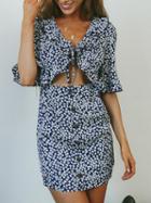 Choies Blue V-neck Floral Print Button Placket Front Bodycon Mini Dress