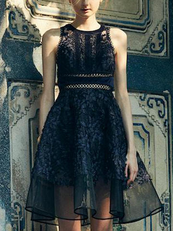 Choies Blue Embroidery Cut Out Detail Sheer Panel Lace Dress