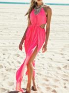 Choies Hot Pink Halter Sheer Insert Cut Out Split Maxi Dress