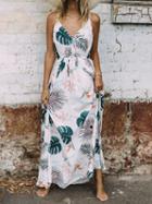 Choies White V-neck Leaf Print Drawstring Waist Maxi Dress